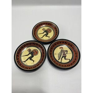 Vintage Terracotta Warrior Hand Painted  Made In Greece Set Of 3  4" Plates